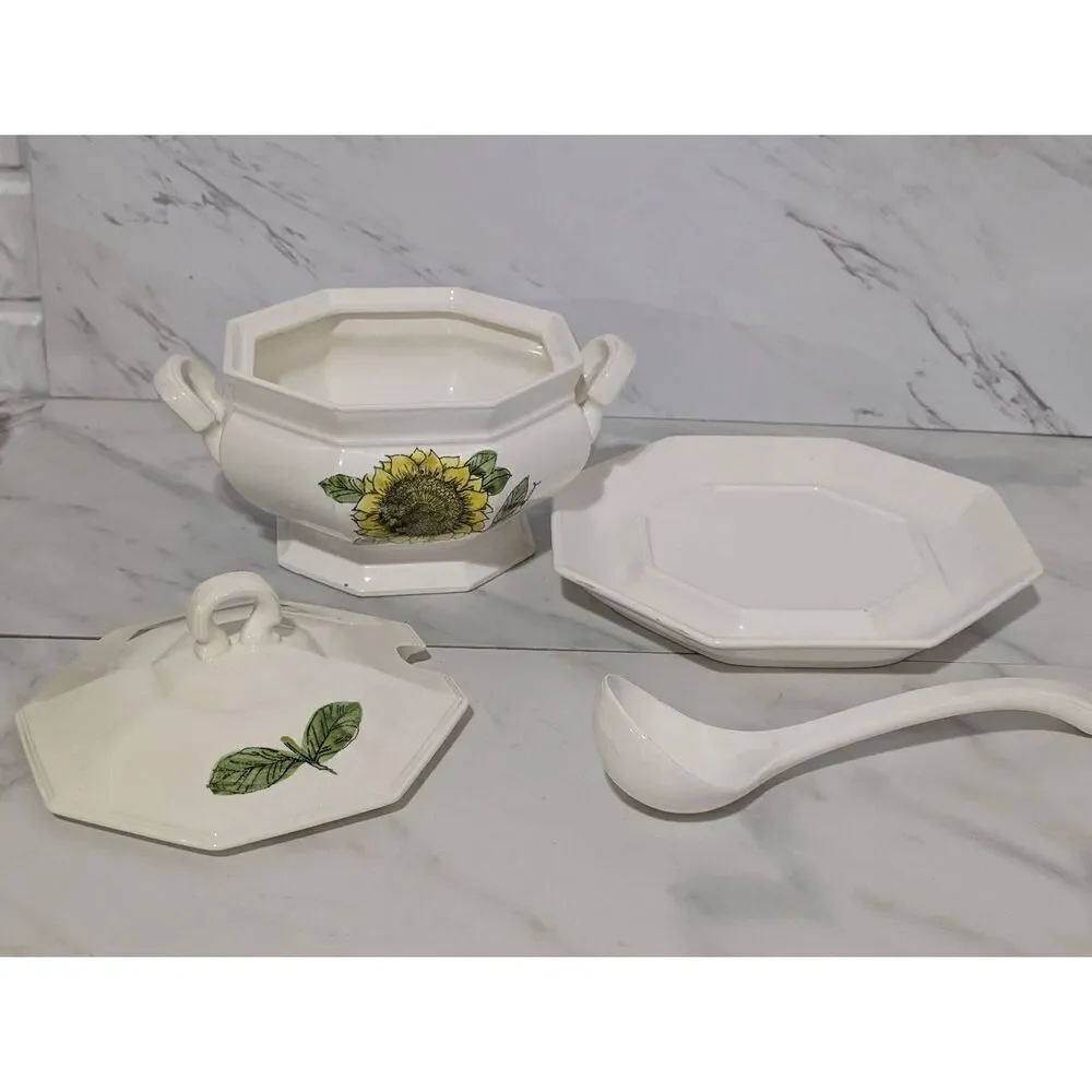 Georges Briard MCM Ceramic Tureen Lid Ladle & Platter Sunflower Pattern